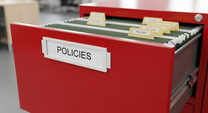Close-up view of a red filing cabinet drawer labeled policies in an office environment from a slightly angled perspective