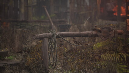 A wooden post stands in a quiet, overgrown area, holding a tangled rope and a weathered hat. The surroundings hint at an old, rustic setting, evoking memories of past activities and adventures. © icetray