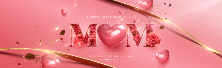 Happy Mother's Day sale banner template with 3D pink heart and red roses. Elegant pastel holiday greeting card background with gold confetti and ribbons for Mom. © witsanu