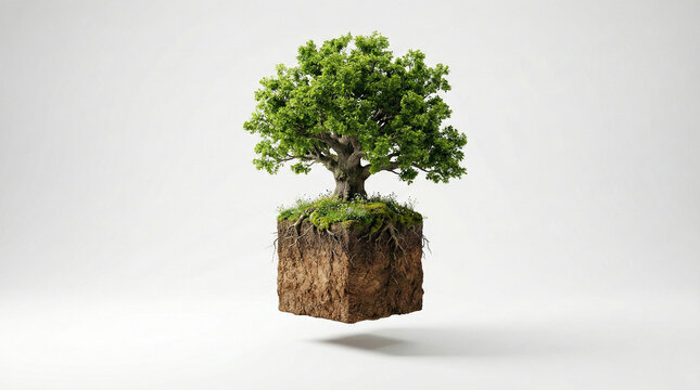 Green Oak Tree Quercus robur Growing on Floating Soil Cube with Roots and Grass Isolated on White Background for Ecology and Earth Day Concept