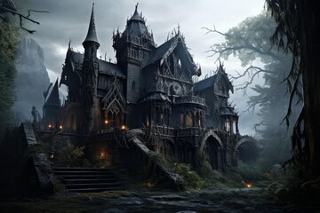 Obraz premium Mysterious gothic mansion with intricate architecture stands in a dark, atmospheric forest