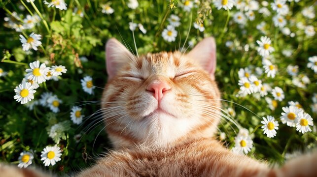 Relaxed orange tabby cat enjoying sun among chamomile flowers