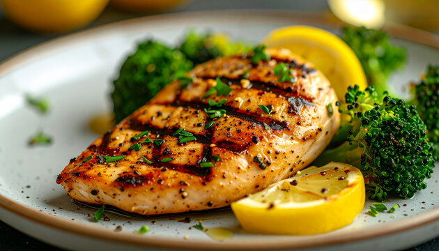 Grilled chicken breast with broccoli and lemon garnish on ceramic plate, tasty dish. Appetizing food.