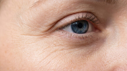 Fototapeta premium Close up of human eye showing blue color and skin texture. Light reflects on surface giving details. Concept of beauty, skincare, personal care