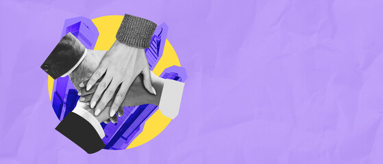 Creative concept of teamwork with diverse hands stacked together against urban backdrop on purple...