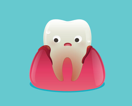 Cute cartoon tooth character with swollen bleeding gums, showing gingivitis symptoms and oral health problems isolated on blue background for dental awareness content.
