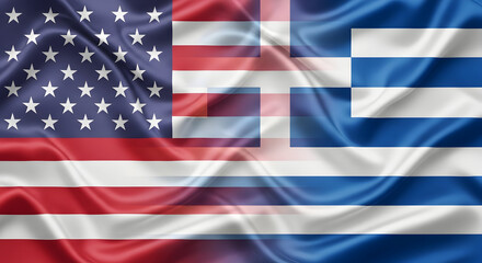 Obraz premium American and greek flags merged together in wavy fabric