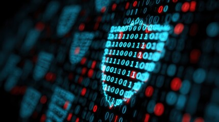 Obraz premium Digital Shield and Binary Code Illustration Representing Cyber Security Concept on Dark Background with Bright Color Highlights