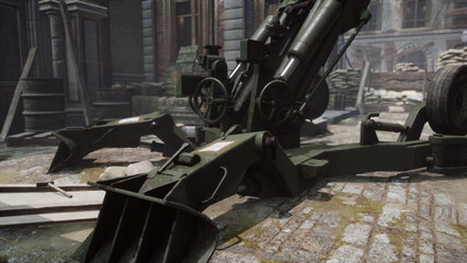 Amidst the weathered stones and crumbling architecture, an old construction machine stands still. Sunlight casts shadows, revealing the history of the once bustling site now taken over by nature. © icetray