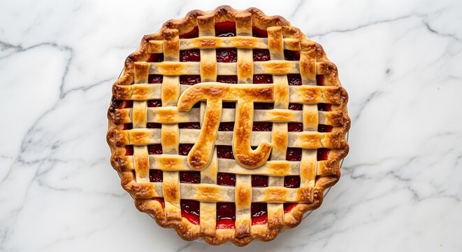 Delicious homemade cherry pie with lattice crust and pi symbol on marble surface