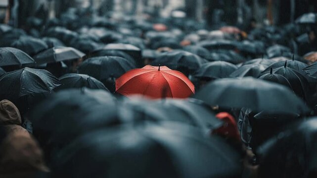 Red umbrella standing out among black umbrellas in the rain cinematic crowd