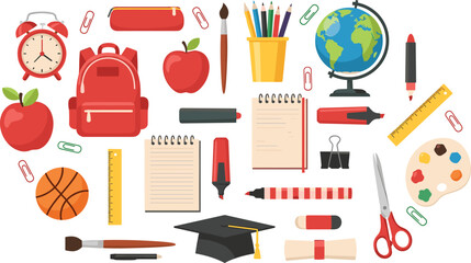 Back to school supplies collection with backpack globe and stationery vector illustration isolated background © KP Studio