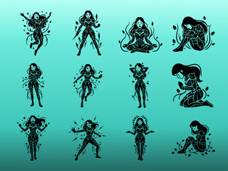 Nature Warrior Goddess Silhouette Collection: Empowered Female Character in Diverse Poses