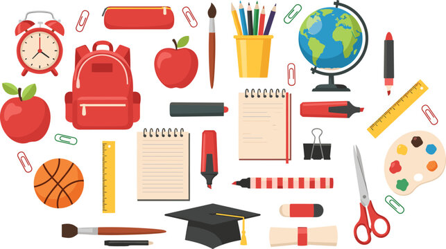 Back to school supplies collection with backpack globe and stationery vector illustration isolated background