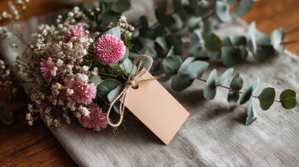Fototapeta premium Spring flower bouquet with baby's breath and blank label on natural fabric background