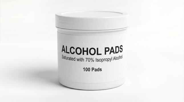 Alcohol pads container labeled with saturated isopropyl alcohol, white cylindrical jar with a lid, displaying product details and quantity on a clean surface