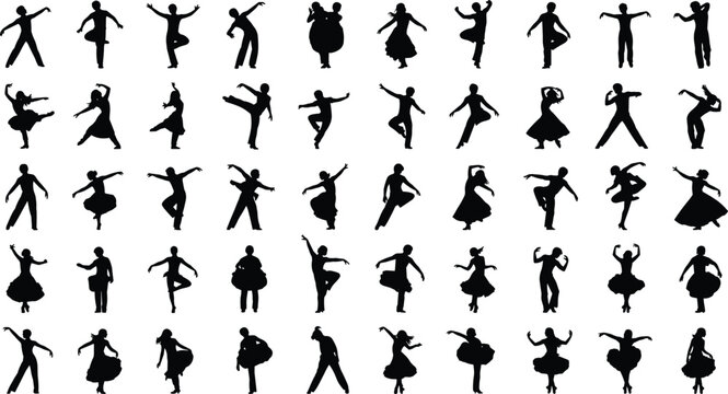 Large collection of dancing people silhouettes in dynamic poses, men and women performing ballet and modern dance, artistic movement illustration isolated on white background
