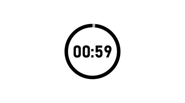 1 Minute countdown animation on black background. 1 minute timer on stopwatch on white background.