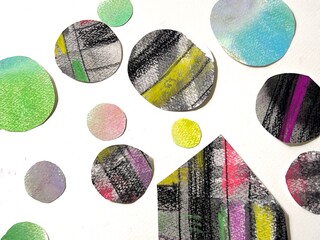 Pastel and conte collage illustration with a gentle atmosphere, featuring polka dots, houses and buildings.