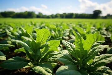 Obraz premium Green tobacco plants thriving in a vast farm field under clear blue skies