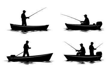 Silhouettes of men fishing from boats on calm water.