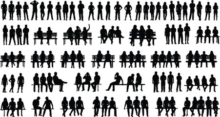 Large collection of people silhouettes standing and sitting on benches, men and women figures, social behavior illustration isolated on white background