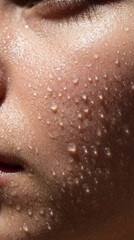 Fototapeta premium Water droplets rest on skin, showing texture and moisture. Bright light enhances detail on facial features. Concept of skincare, beauty, wellness