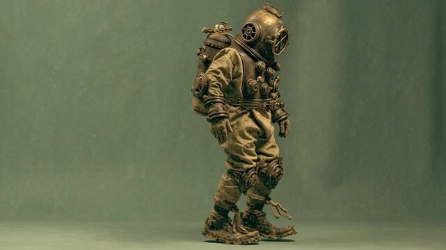Full body shot of vintage deep sea diver walking in heavy suit against green