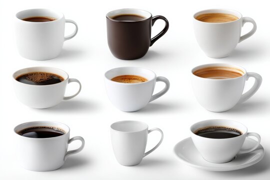 Diverse coffee cup collection with different types of coffee on white background