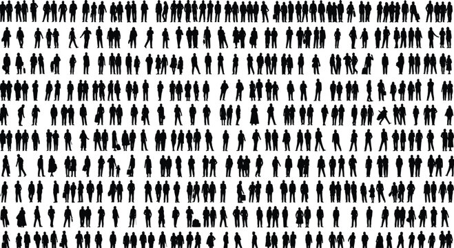 People silhouette collection, diverse standing and walking human figures set, black crowd characters illustration for infographic, design, icon, and vector use