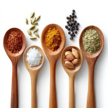 Assorted spices on wooden spoons: aromatic variety in culinary ingredients