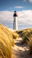 White lighthouse stands tall on a sandy path amidst golden dune grass under a blue, cloudy sky