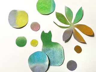 Pastel collage illustration of a scene with a cat, various-sized polka dot pattern in soft pastel tones.