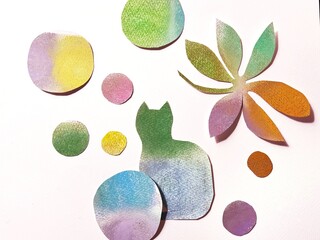 Pastel collage illustration of a scene with a cat, various-sized polka dot pattern in soft pastel tones.