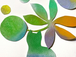 Pastel collage illustration of a scene with a cat, various-sized polka dot pattern in soft pastel tones.