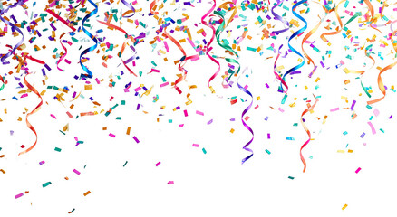 Obraz premium Confetti Streamers Falling Celebratory Party Background Isolated on transparent background