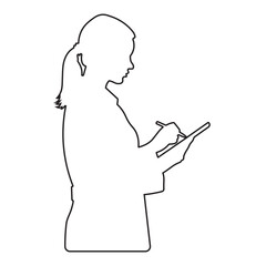 Silhouette of a woman with a stylus on a digital tablet or notepad