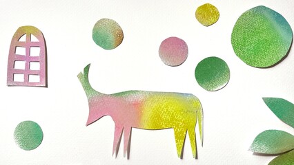 Pastel collage illustration of a horned four-legged animal surrounded by various-sized polka dots, featuring an arched window motif in soft pastel tones.