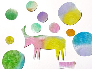 Pastel collage illustration of a horned four-legged animal surrounded by floating polka dots in various sizes, soft pastel tones.