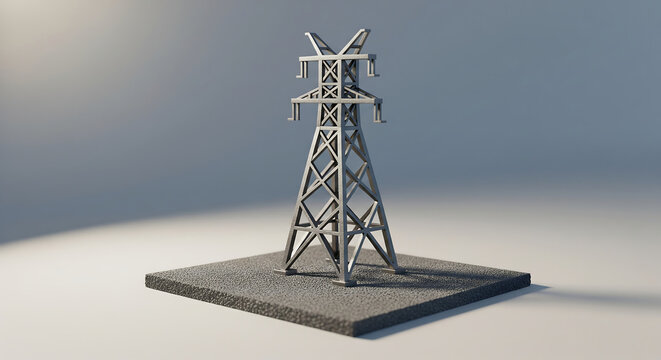 Low Angle 3D Render of a Miniature Metal Electricity Pylon on Textured Base