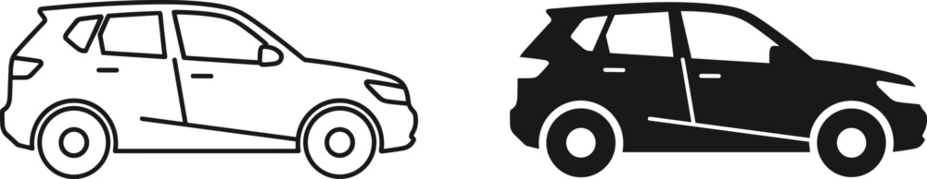 Set of modern SUV car icons in line art and solid black silhouette styles for automotive transport vehicle and city driving on white background
