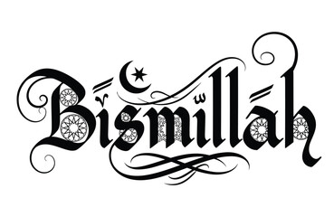 Obraz premium Bismillah islamic calligraphy vector design with crescent star and ornaments