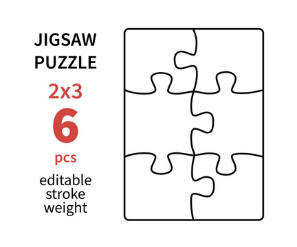 Cutting lines grid design for kids jigsaw puzzle. Jigsaw puzzle blank template. 6 pieces. Editable stroke weight. Vector illustration.