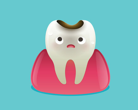 Cute cartoon tooth with visible cavity, expressing toothache and sensitivity caused by decay, isolated on blue background for dental and oral health awareness content. Toothache, Tooth pain