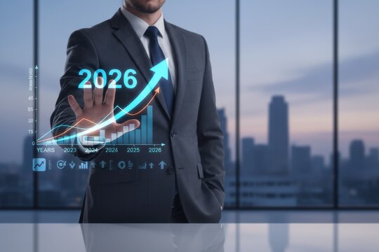 business planning for new year 2026 maps finance strategy on chart, performance analysis of datum, trend forecast, resolution targeting growth goal, future ready.