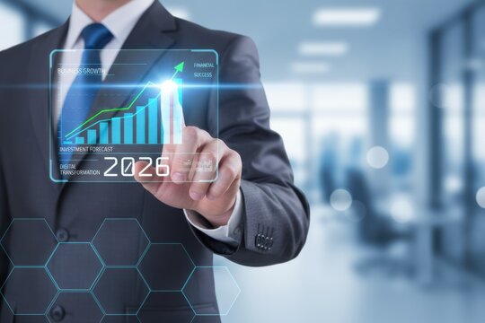 business planning for new year 2026 maps finance strategy on chart, performance analysis of datum, trend forecast, resolution targeting growth goal, future ready.