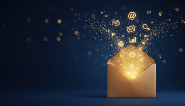 Digital communication icon mail envelope letter notification message send electronic mail technology vector design modern gold glowing effect abstract concept