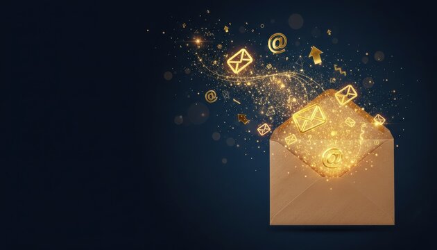 design for digital communication mail icon: envelope letter notification message send, electronic mail technology concept with modern gold glowing abstract effect