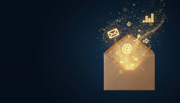 Modern gold glowing envelope icon for digital communication, mail letter notification message send, electronic mail technology design, abstract effect concept