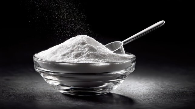 Pure Creatine Monohydrate powder displayed in a minimalist glass bowl with measuring scoop, deep black neutral background, 